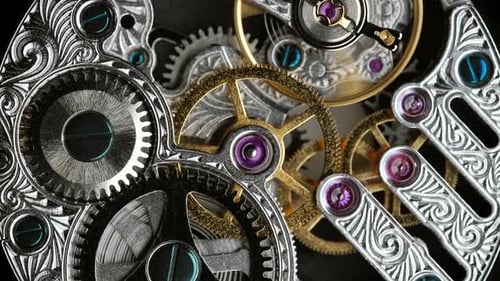 CloseUp of an Antique Pocket Watch's Internal Gears and Moving Springs on Gray