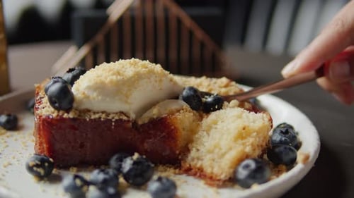Delicious Brioche Dessert with Cheese Cream and Blueberries in Cafe Bar Closeup Piece of Cake on the