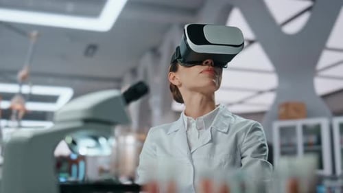 Lab Specialist Touching Virtual Reality Interface in Goggles at Clinic Close Up