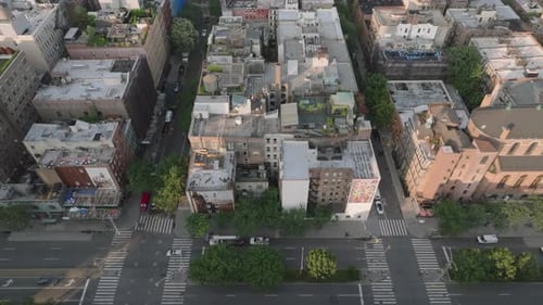Aerial view of Lower Manhattan on a summer morning. Shot in New York City.