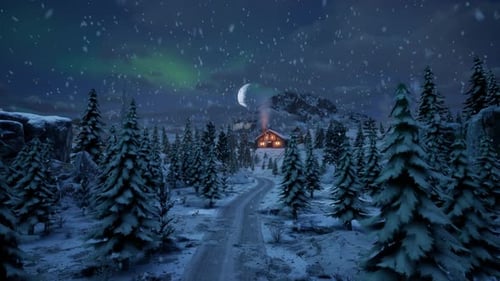 Hütte inmitten verschneiter Bäume, Blaue Winterstunde, fallender Schnee