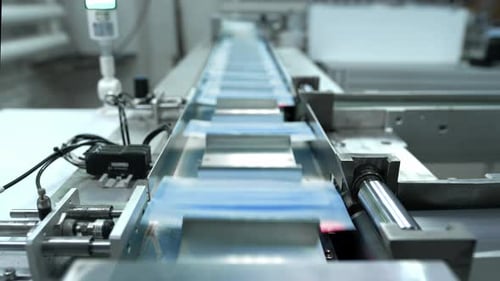 Surgical Masks Moving on Factory Conveyor Belt