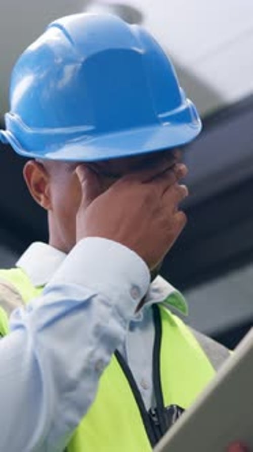 Issue, headache or contractor in office with tablet, delivery delay or material shortage in supplier