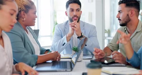 Business, man and leader with team, meeting and conversation for group project