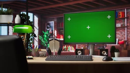 Green Screen Mockup Desktop PC Display on Cozy Home Office Desk