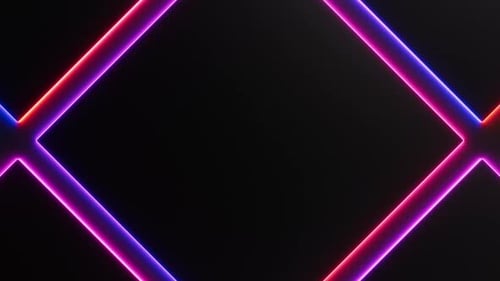 Rot-violettes Neonlicht bewegt sich um schwarze Rautenrahmen auf dunklem Hintergrund, nahtloser Rand