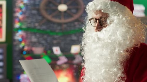 Portrait Santa Showing the Hush Mute Symbol While He Reads Letters