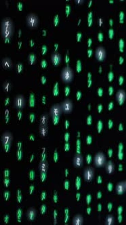 Vertikales Video. Nahaufnahme von grünem und weißem matrixähnlichem Code auf einem schwarzen Bildschirm
mit detaillierter Anzeige