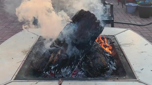 Burning logs in backyard fire pit with smoke