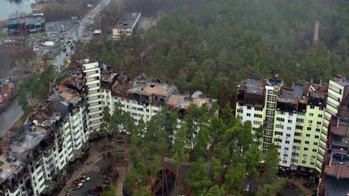 Aerial view of the destroyed and burnt houses. Houses were destroyed by rockets Russian soldiers.