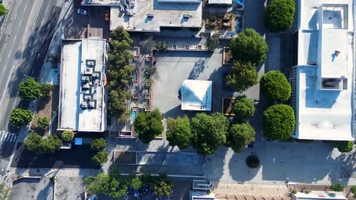 Drone aerial view of West LA Los Angeles city courthouse buildings CBD urban skatepark design next t