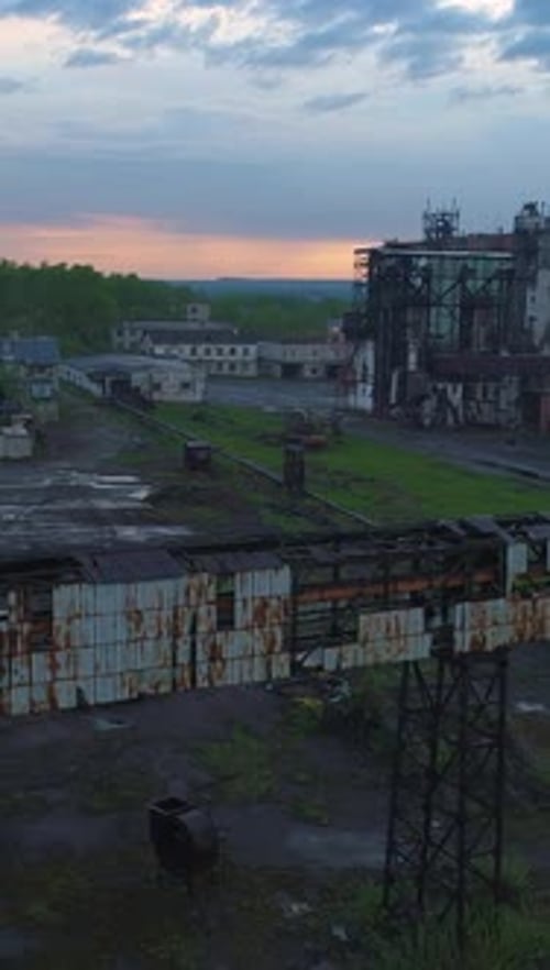 Flying Over Abandoned Ruined Elevators Aerial View Vertical Video