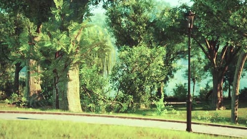 Sunlight Filters Through Trees in a Serene Park Setting with a Lamp Post