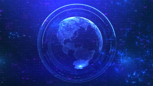 Футуристический цифровой глобус с интерфейсом HUD и визуализацией больших данных на фоне синих технологий