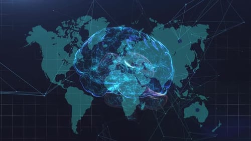 Human brain spinning against network of connection over world map on blue background