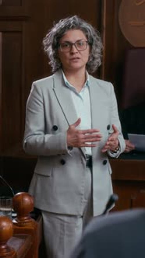 Female Attorney Delivering Speech in Courtroom During Trial