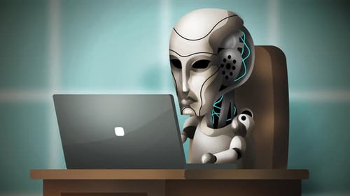 AI Robot Working on Laptop Corporate Animation