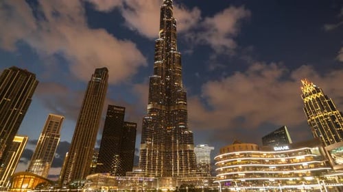 Timelapse Burj Khalifa at the sunset to night time in Dubai, United Arab Emirates