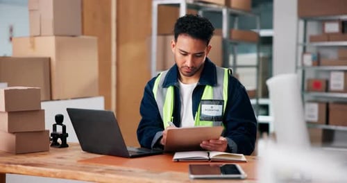 Clipboard, laptop and logistics with man in warehouse for delivery, distribution