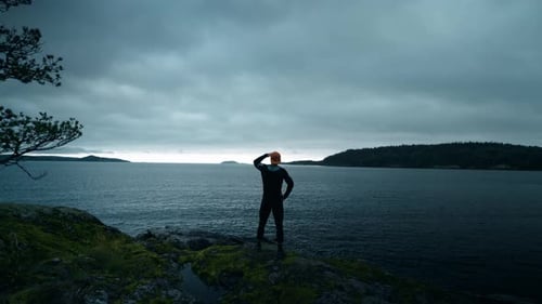 Champion Standing Alone At Summit And Admiring View From Top On Beautiful Landscape And Lake
