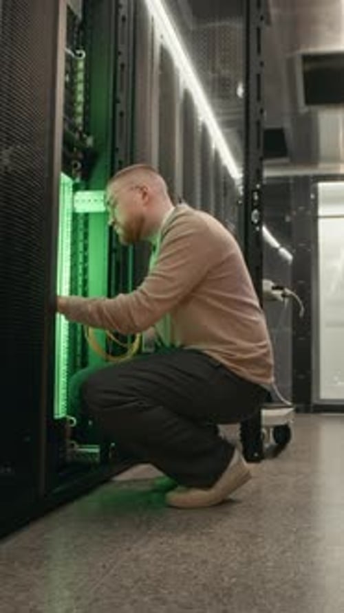 Technician Repairing Network Panel in Data Center