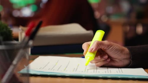 Femme âgée étudiant dans une bibliothèque du campus avec un stylo surligneur sur des matériaux
