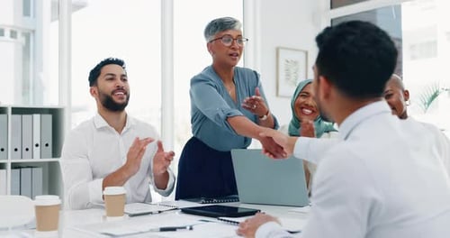 B2B, thank you and handshake business people applause for welcome, partnership