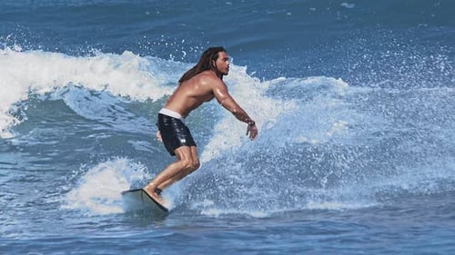 One Surfer Riding on Surf in Beautiful Ocean Waves Slow Motion