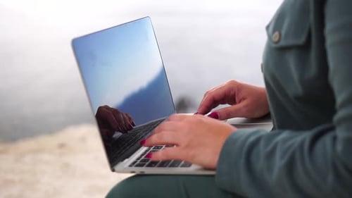 Digital Nomad Business Woman Working on Laptop By the Sea Pretty Lady Typing on Computer By the Sea