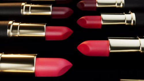 Mehrere rote und rosafarbene Lippenstifte mit goldenen und schwarzen Röhrchen rotieren langsam auf einem einheitlichen Schwarz
