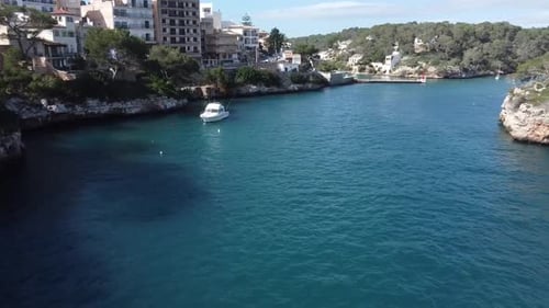 Flying into Cala Rajada cove. Mallorca, Spain.