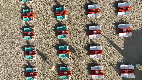 Empty Sun Loungers on the Beach Aerial View 4 K Turkey Alanya