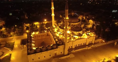 Aerial video at night over a mosque in Istanbul Turkey