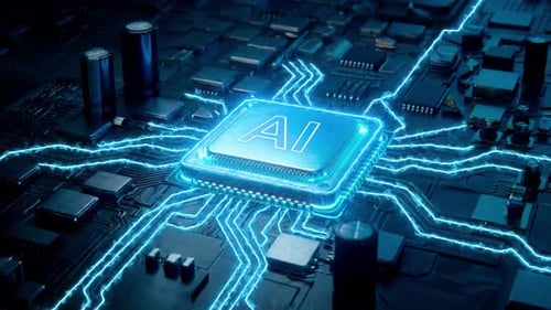 AI Processor Chip with Flowing Electric Data on a Circuit Board
