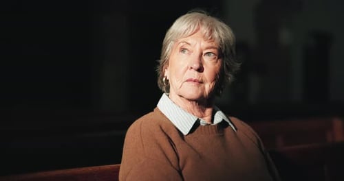 Thinking, prayer and senior woman in church with faith, gratitude and spiritual connection to God