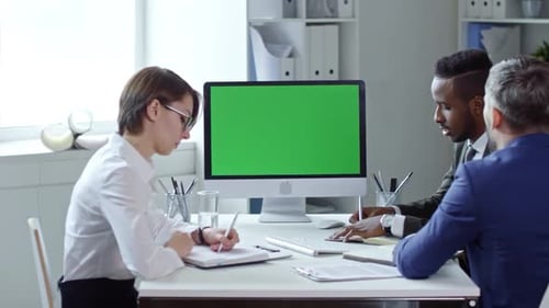 Multi ethnic group of professional businessmen and businesswoman sitting at office table