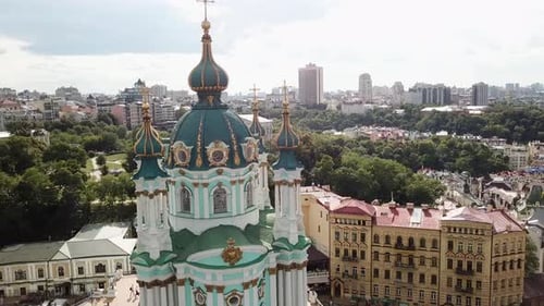 Ukraine, Kyiv's famous St.Andrew Church's drone footage zooms out and turns around the church
