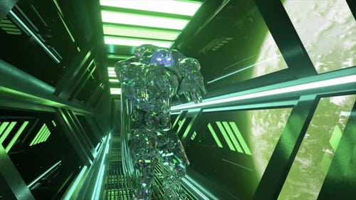 Diamond Zombie Walks Through a Space Neon Tunnel Against the Backdrop of the Planet Earth Astronaut