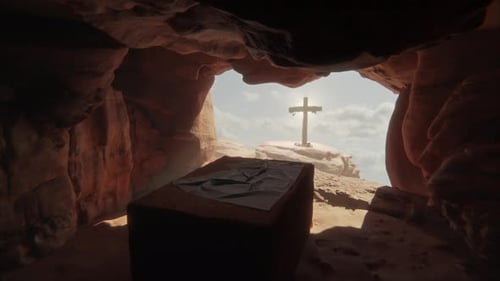 Empty Tomb and Cross on Hill for Easter Resurrection