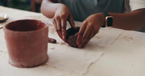 Ceramic clay, hands and pottery with person in workshop closeup for art, crafts or creative hobby
