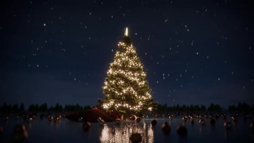Christmas Tree With Twinkling Lights, Falling Snow, And Gifts