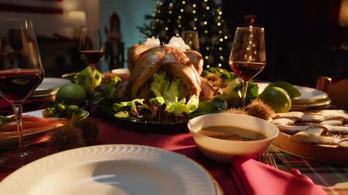 Festive Christmas Dinner Table with Turkey and Wine