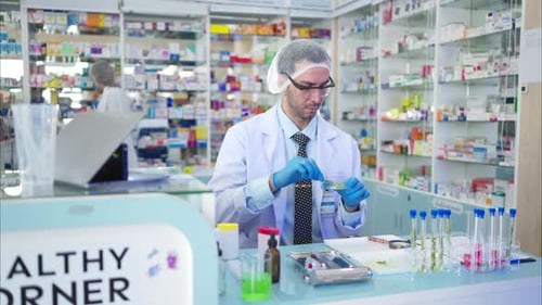 Científico químico que realiza ensayos y pruebas de antibióticos en el laboratorio