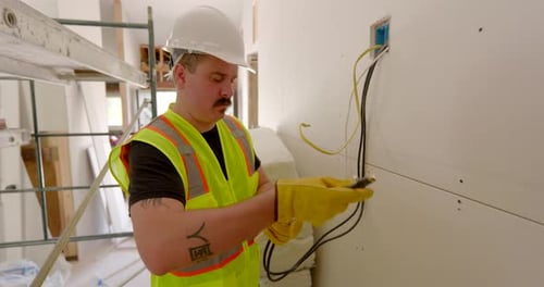 Construction Worker Repairs Electrical Wiring in Bright Interior