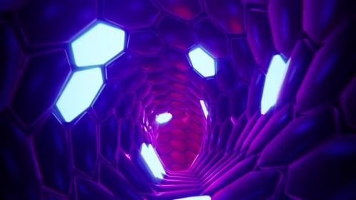 Purple Hexagon Tunnel Neon Lights Glowing Futuristic Digital Art Background Design