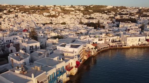 Aerial video over Little Venice, the old town in Mykonos