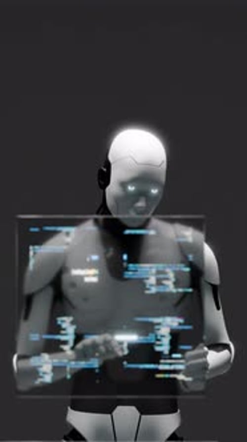 AI Robot Interacting with Futuristic Holographic Code Display