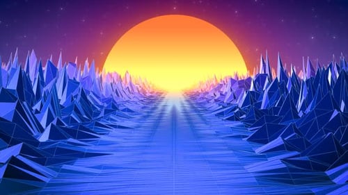 Abstract purple blue retro landscape in old 80s, 90s style with road rocks mountains and sun