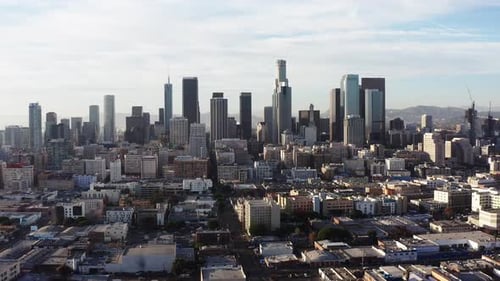 Aerial wide shot strafing left to right of Downtown Los Angeles in 2020. 4K