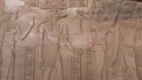 Ancient Egyptian Hieroglyphs and Basreliefs Closeup in Temple of